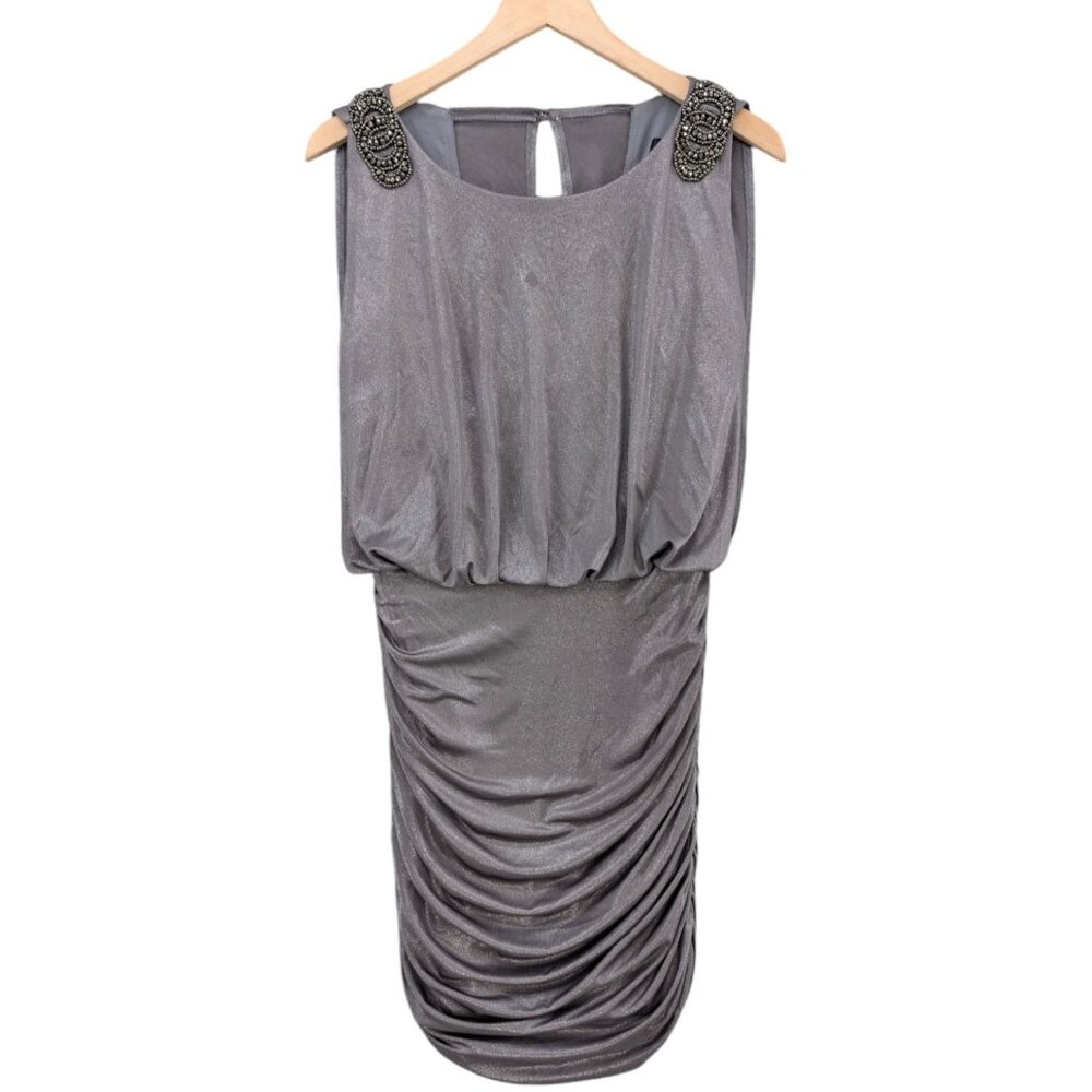 XSCAPE Blouson Sheath Dress Silver Metallic Ruched Sleeveless Cocktail Gown Sz 8